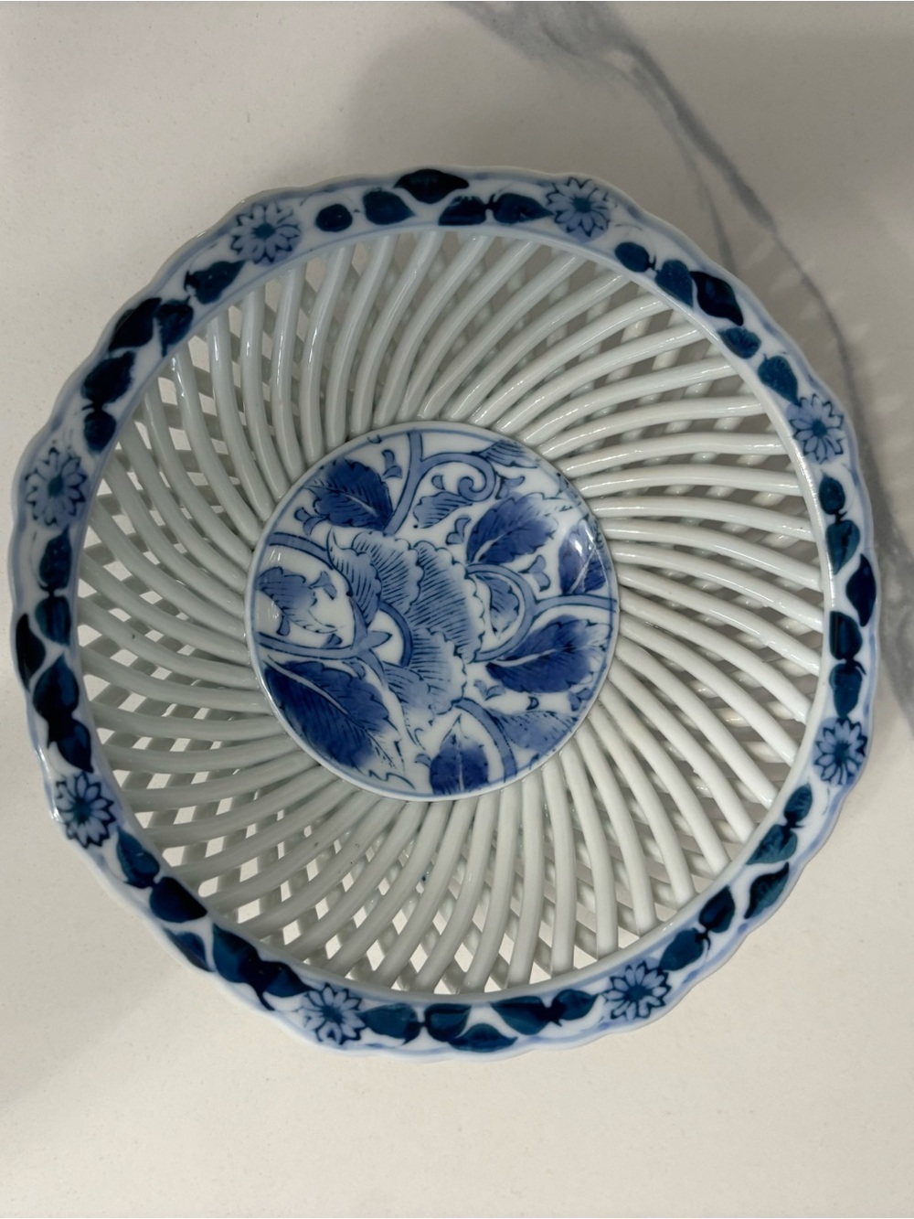 Japanese Arita Ware Small Porcelain Reticulated Blue and White Candy Dish
